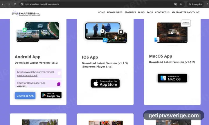Sajten IPTV Smarters nedskrollad till knappen Download APK