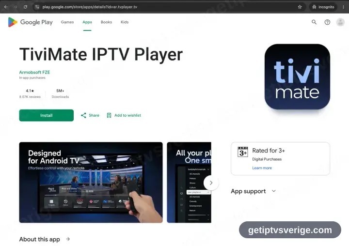 TiviMate på Google Play med Installera tillgängligt