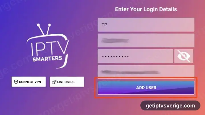 Xtream Codes-formuläret i IPTV Smarters Pro: serveradress, användarnamn och lösenord