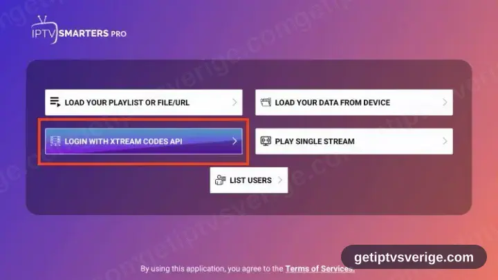 Startskärmen i IPTV Smarters Pro med Login with Xtream Codes API markerat