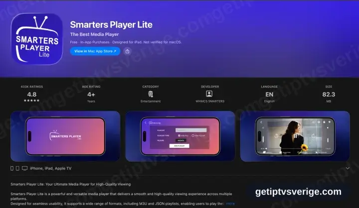 Smarters Player Lites sida i App Store med stöd för iPhone, iPad och Apple TV