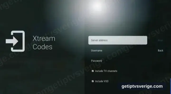 Xtream Codes-formuläret i TiviMate med fälten för server, användarnamn och lösenord