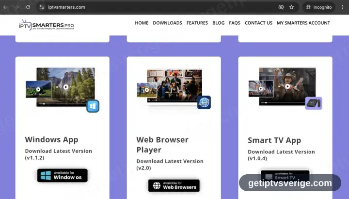 IPTV Smarters nedladdningssida med nedladdningsknappen för Windows-appen